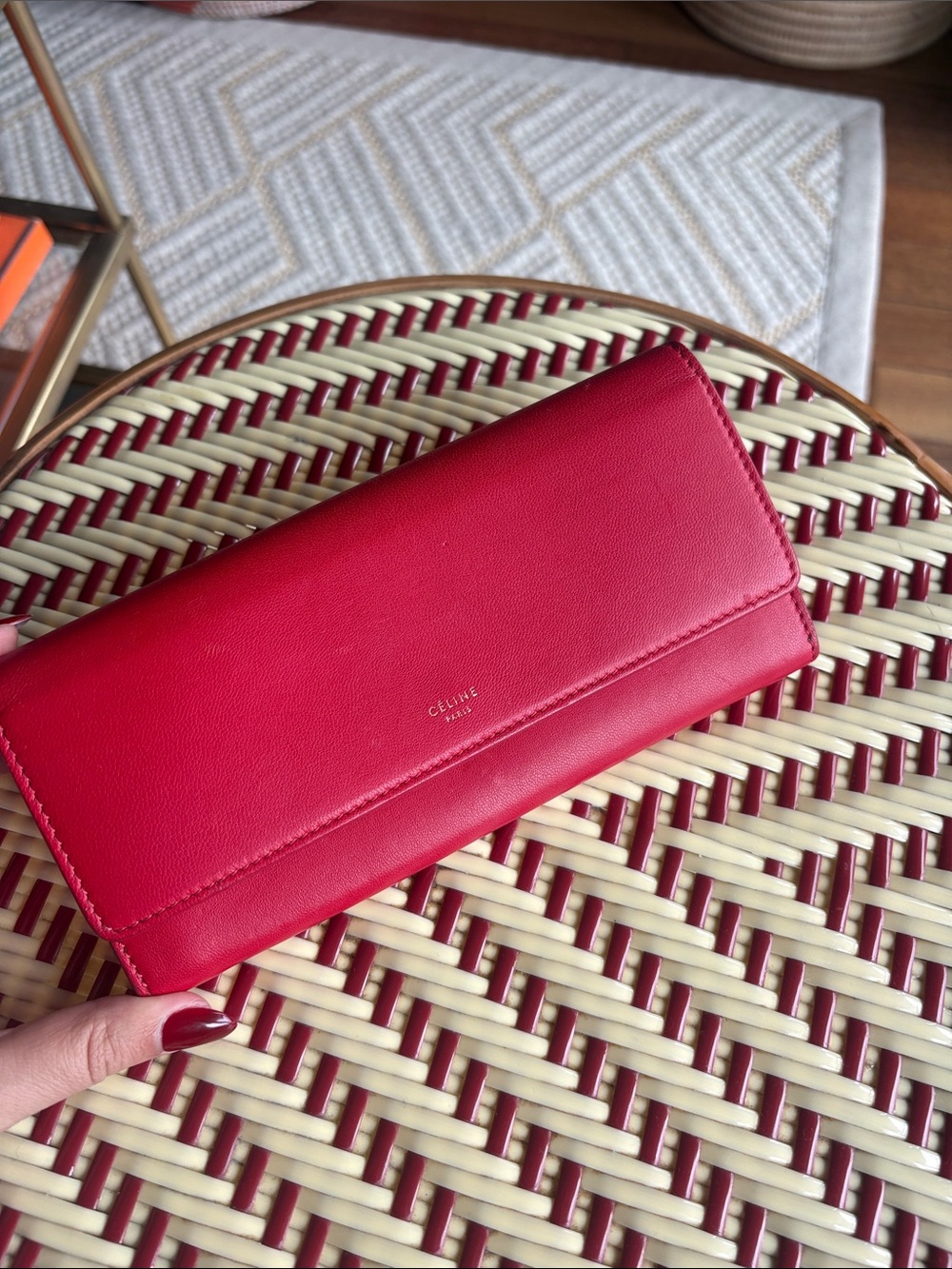 Celine Red Smooth Leather Long Wallet with Gold Logo